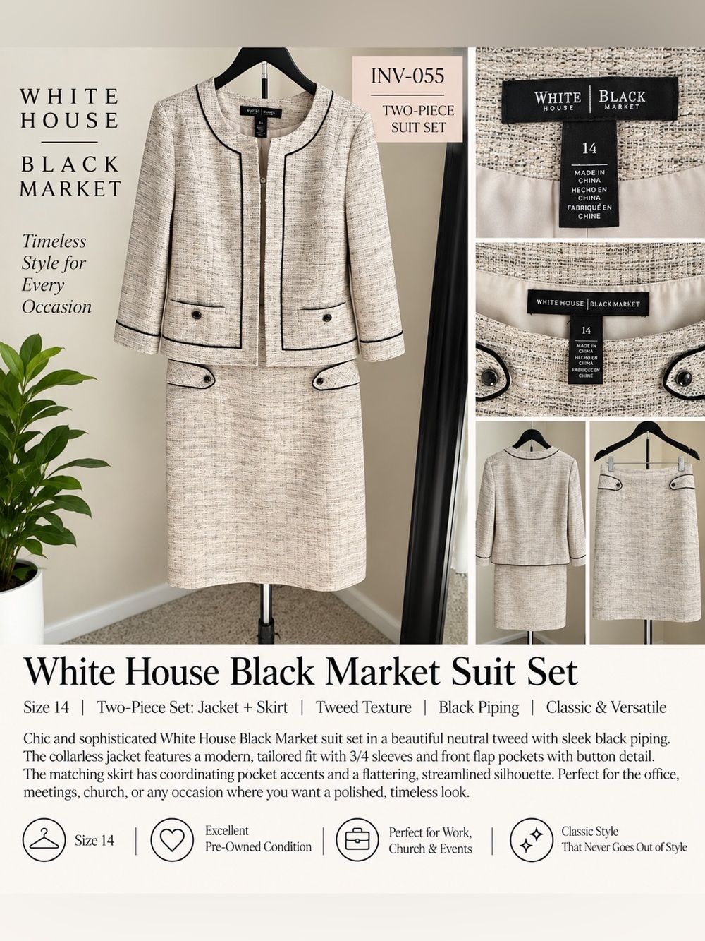 White House Black Market Cream Tweed Two-Piece Skirt Suit with Black Piping